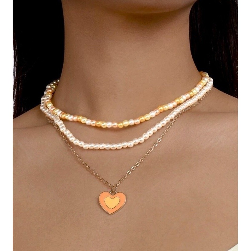 Beaded Layered Necklace Orange Heart Choker  Fashion Jewelry Dainty Boho Hippie